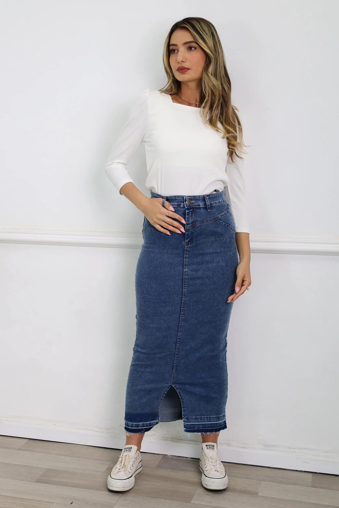 חצאית ג׳ינס מקסי לורן - דתייה אונליין