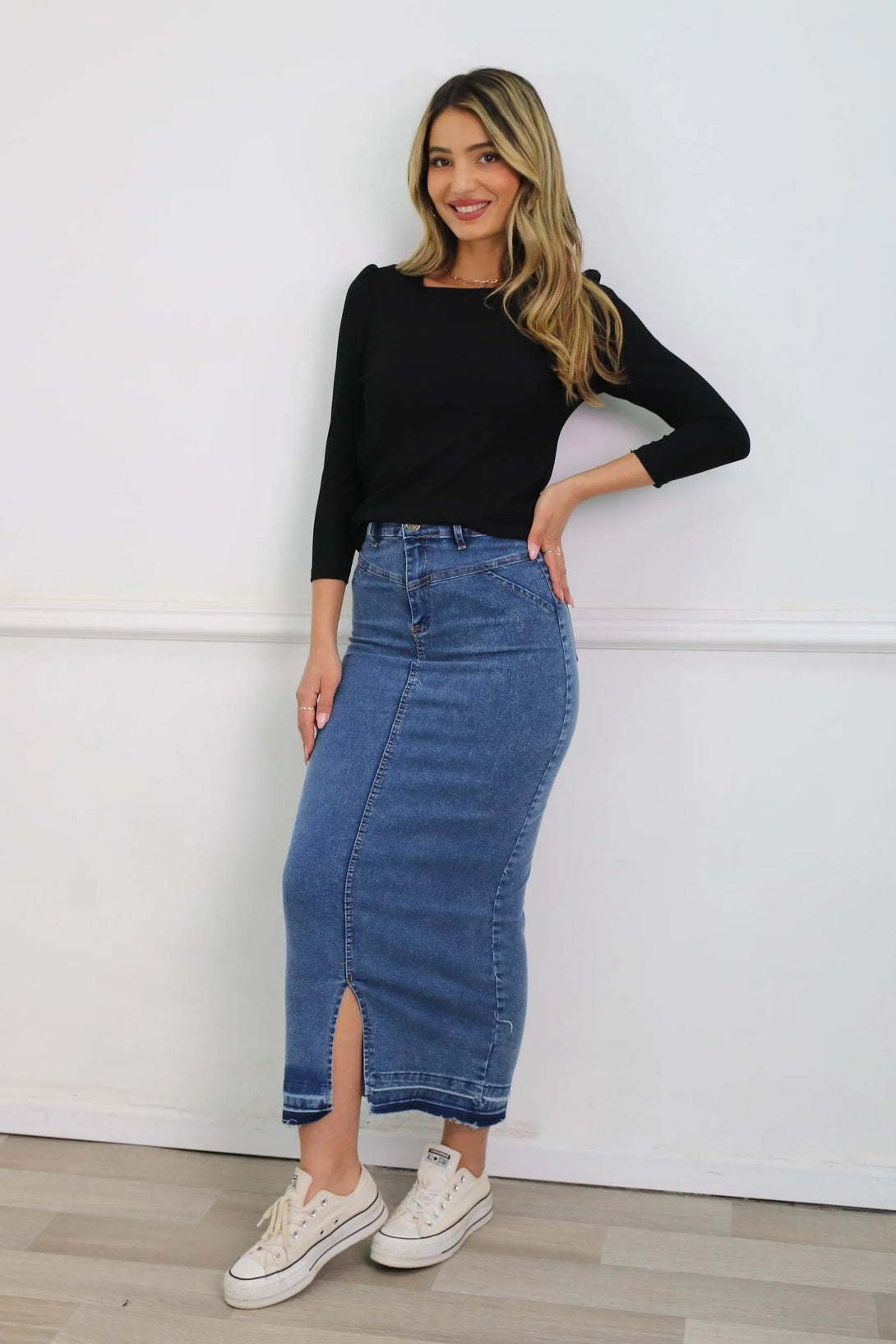 חצאית ג׳ינס מקסי לורן - דתייה אונליין