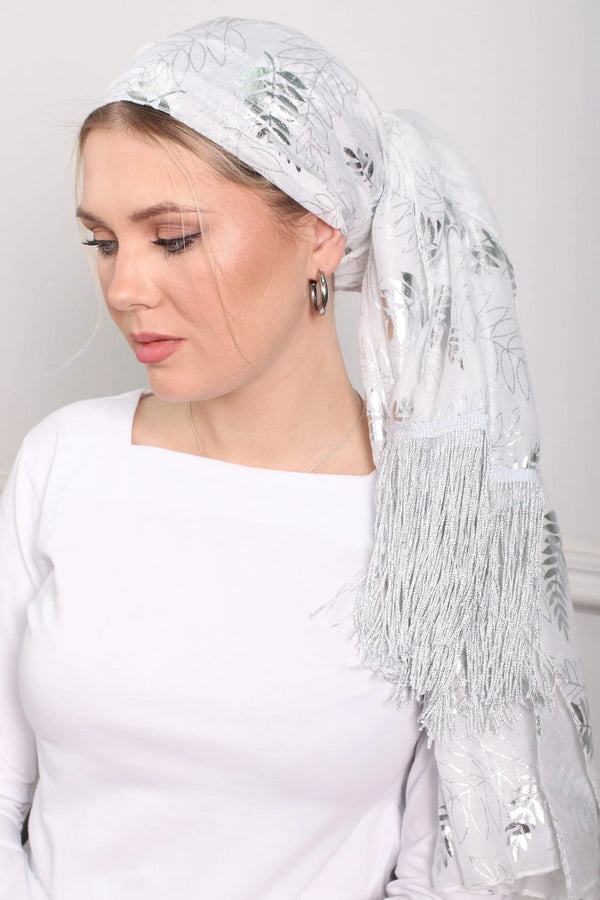 מטפחת לונג - פרנז פוייל עלים כסף - דתייה אונליין