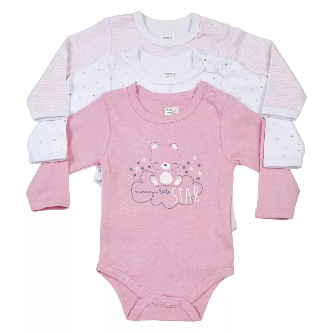 סט 3 בגדי גוף מודפסים ורוד בייבי - דתייה אונליין