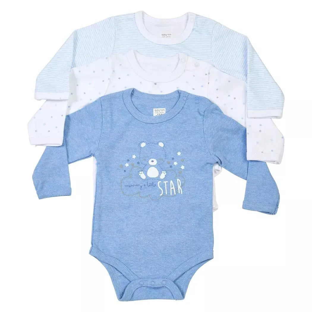 סט 3 בגדי גוף מודפסים תכלת - דתייה אונליין