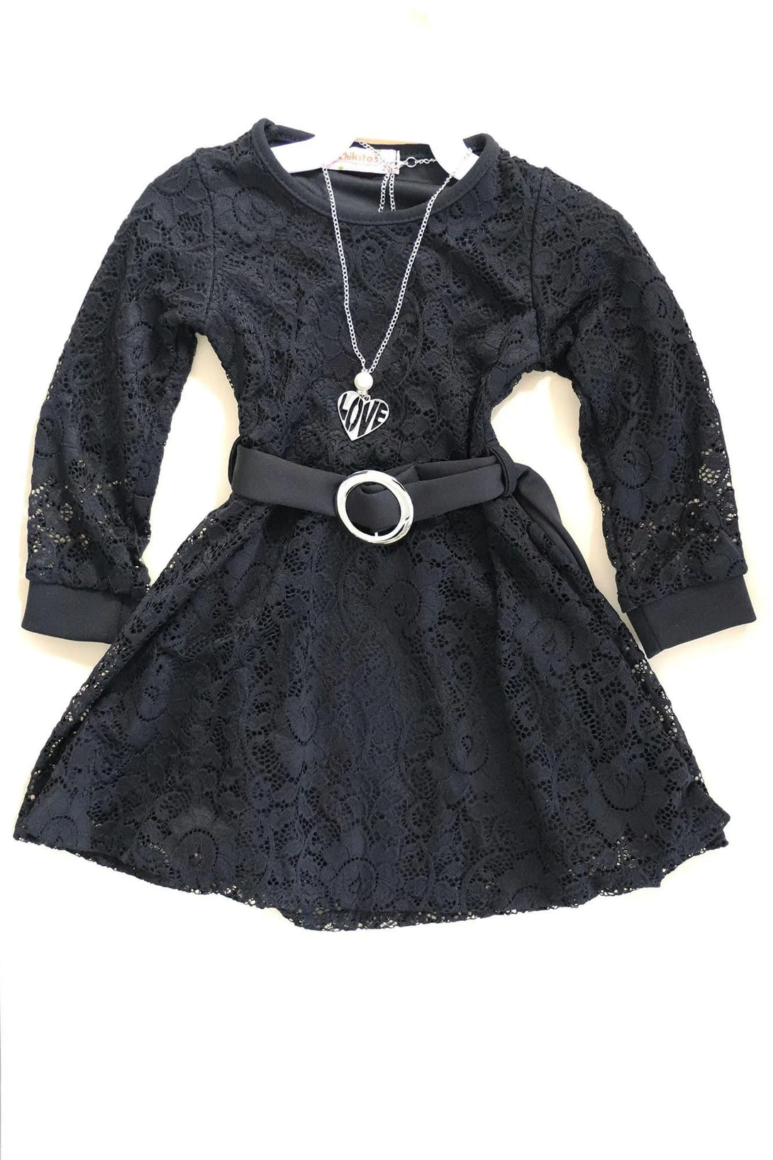 שמלת תחרה חגורה שחורה - דתייה אונליין